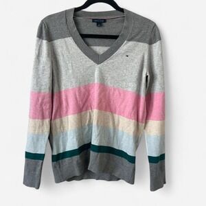 Grey and pink Tommy Hilfiger V-neck jumper Size M